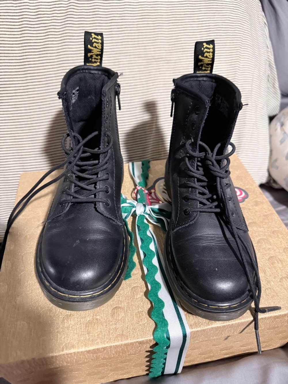 Dr. Martens Black Leather 8-Eye Lace-Up Boots with Yellow Heel Loop 2 YOUTH